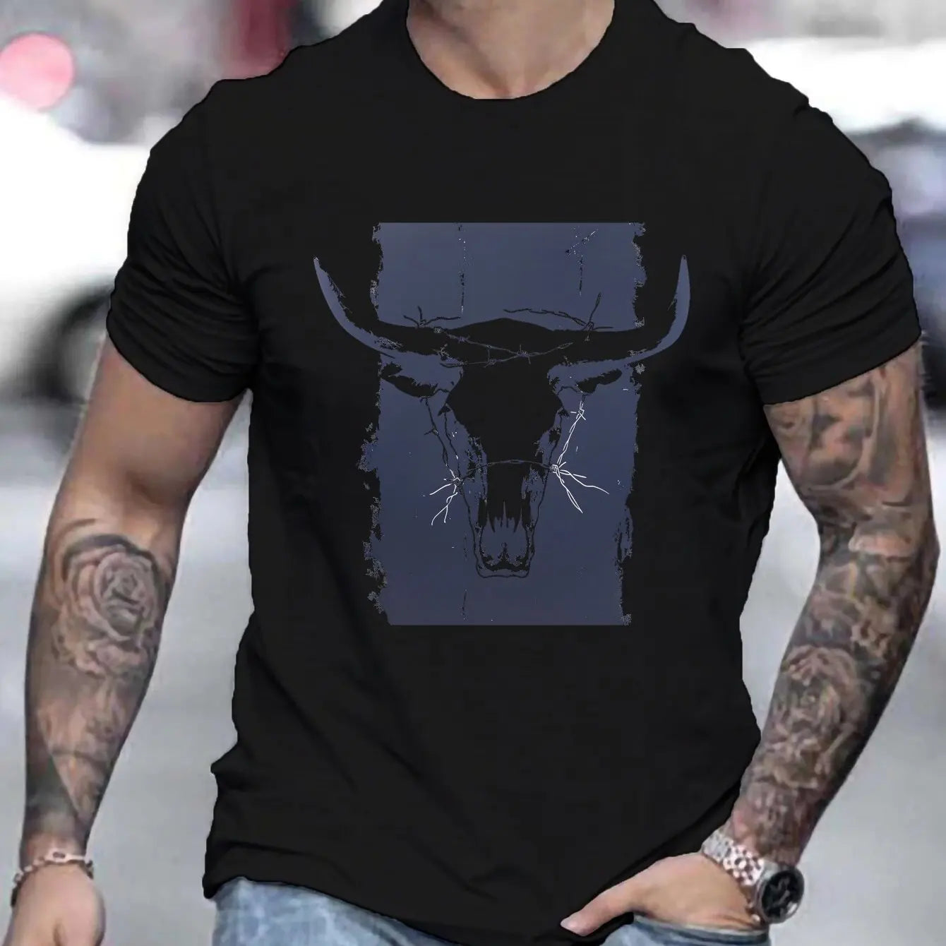Bull Horns Skull Print Western Themed T Shirts