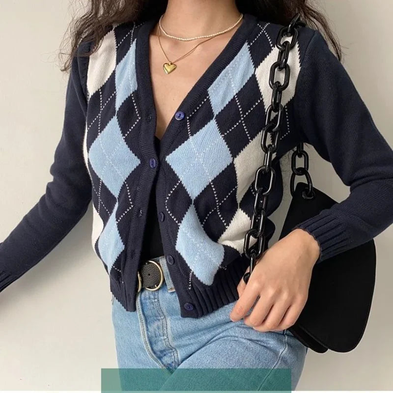 Retro Diamond Jacquard Knitted Cardigan V Neck Single Breasted Long Sleeve Short Pullover Sweater For Women