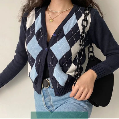 Retro Diamond Jacquard Knitted Cardigan V Neck Single Breasted Long Sleeve Short Pullover Sweater For Women
