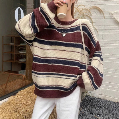 Womens Color Block Striped Loose Fit Winter Sweater