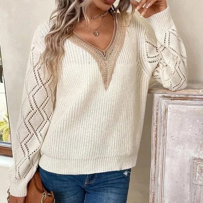 Women's V-Neck Knitted Sweater – Hollow Out Long Sleeve Casual Pullover, Fall Winter Fashion