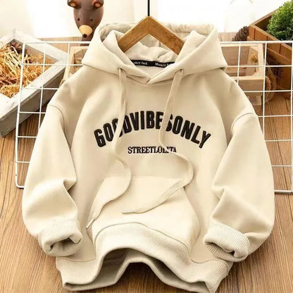 Womens Thick Warm Harajuku Hoodie Letter Print Velvet Sweatshirt With Pockets