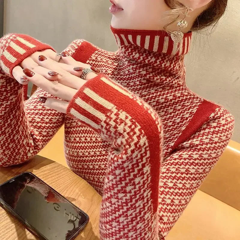 2025 Women S Turtleneck Sweater New Autumn Winter Side Slit Pullover Top Korean Fashion Knit Sweater With Long Flare Sleeves