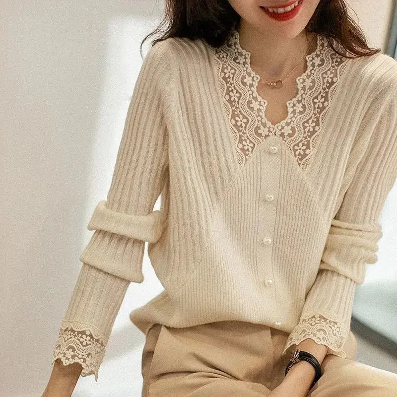 Lace V Neck Knitted Long Sleeve Sweaters For Women