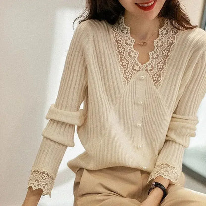 Lace V Neck Knitted Long Sleeve Sweaters For Women