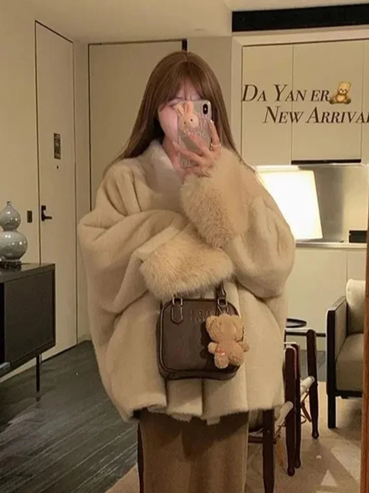 Autumn Winter Fashion Chic Beige Faux Fur Jackets