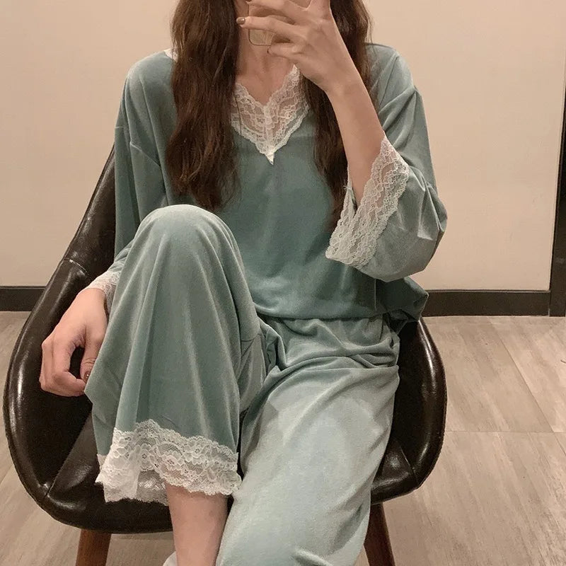 Womens Golden Velvet Pajama Set Lightweight Long Sleeve Lace Sleepwear For Spring Autumn