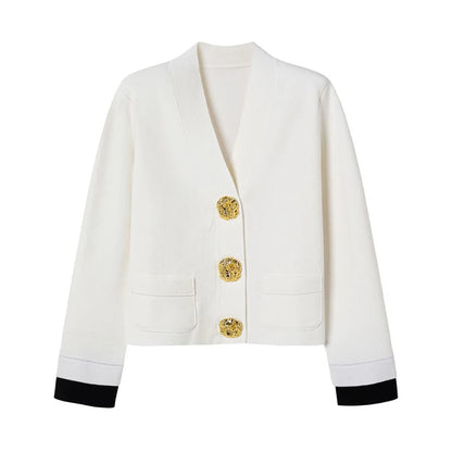 Flap Pocket Big Button V Neck Cardigan