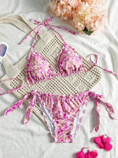 2025 Summer Pleated Bikini Set For Women Two Piece Triangle Swimsuit Halter Bathing Suit