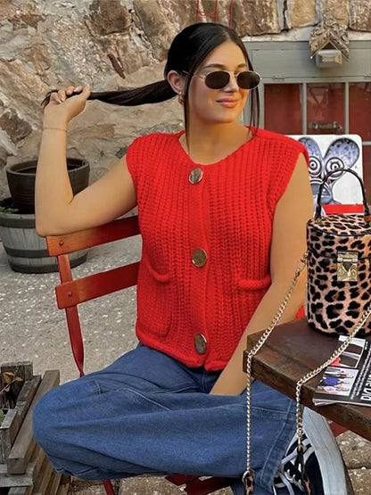 Womens Elegant Round Collar Single Breasted Buttoned Sweaters