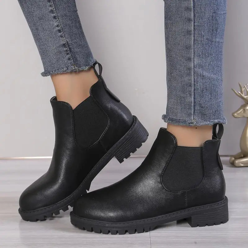 Women Cow Leather Round Toe Thick Sole Ankle Chelsea Boots
