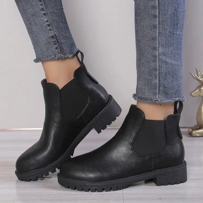 Women Cow Leather Round Toe Thick Sole Ankle Chelsea Boots