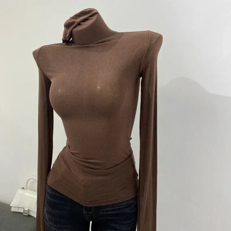 Thin Soft American Long Sleeve T Shirt For Women High Stacked Neck Tight Perspective Slim Fit Sexy Streetwear Top