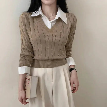 Women's Korean Chic Spring/Autumn Sweater – Retro Preppy Fake Two-Piece Twist Knit, Y2K Age-Reducing Top