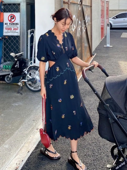 Fresh Summer Style Women V Neck Tapered Waist Dresses