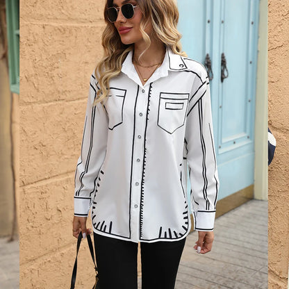 Summer Casual Off Shoulder Sleeveless Abstract Printed Womens Blouse Slim Fit Turn Down Collar Single Breasted Femme Top