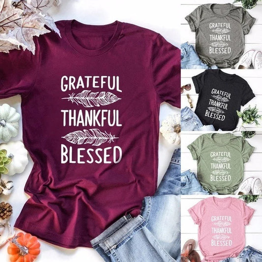 Grateful Thankful Blessed Feather Print T Shirt Womens Short Sleeve O Neck Loose Fit Casual Tee Inspirational Graphic Ladies Top