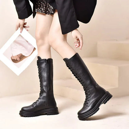 Women’s Knee-High Platform Boots 2025 – Korean Style PU Leather Fleeced Chunky Heel Winter Boots