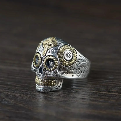 Mexican Style 925 Sterling Silver Gold Skull Head Rings