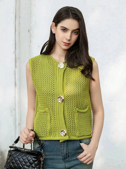 Womens Elegant Round Collar Single Breasted Buttoned Sweaters