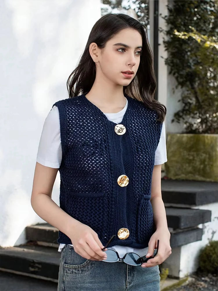 Womens Elegant Round Collar Single Breasted Buttoned Sweaters