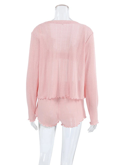 Womens 3 Piece Sleepwear Set O Neck Long Sleeve Nightie Tank Tops Shorts Pajamas For Cozy Nights