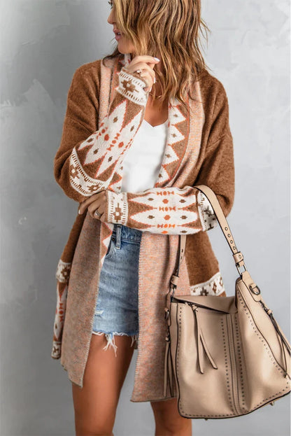 Boho Geometric Knit Cardigan for Women – Mid-Length Casual Sweater