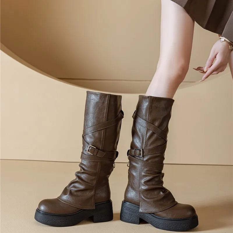 Women’s Knee-High High Heel Riding Boots 2025 – PU Leather Platform Princess Slim Boots