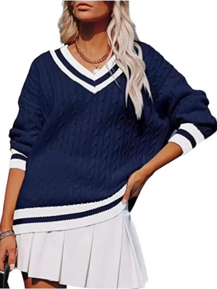 Autumn Winter V Neck Pullover Striped Sweater For Women Loose Comfortable Color Blocking Casual Trendy Knitted Tops