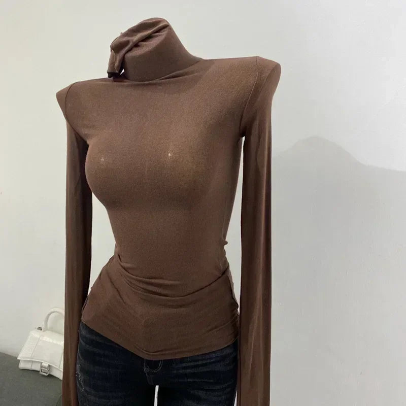 Thin Soft American Long Sleeve T Shirt For Women High Stacked Neck Tight Perspective Slim Fit Sexy Streetwear Top