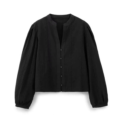Embroidered V Neck Blouse Modern Fitted Shirt For Women