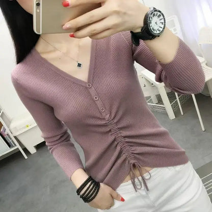 Women Drawstring V Neck Thin Sweaters