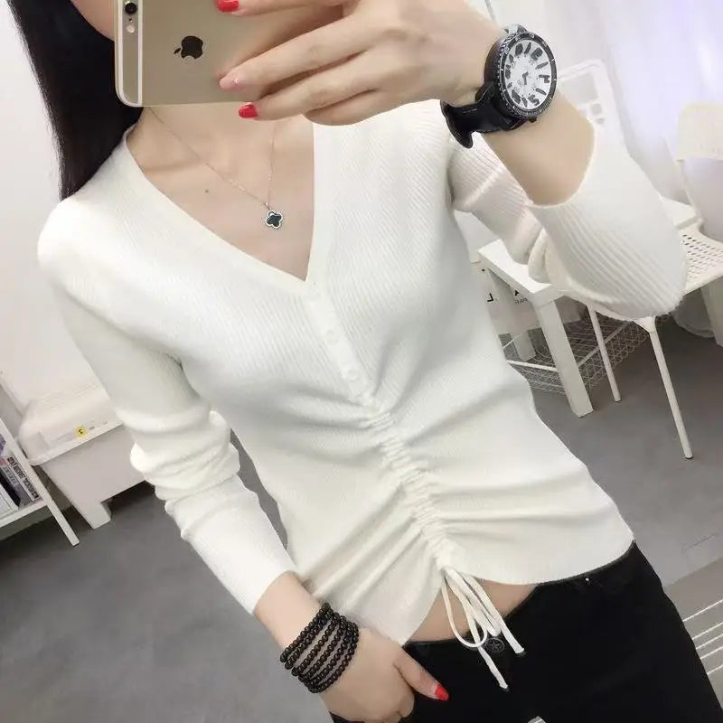 Women Drawstring V Neck Thin Sweaters