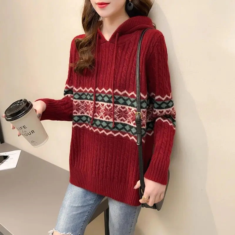 Women S Vintage Brown Knitting Sweater Hoodie Long Sleeve Casual Korean Fashion Baggy Autumn Tops For Ladies