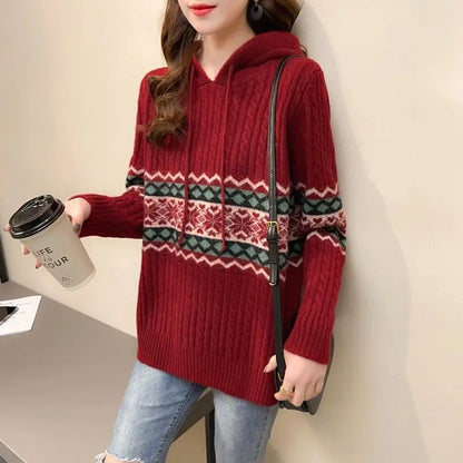 Women S Vintage Brown Knitting Sweater Hoodie Long Sleeve Casual Korean Fashion Baggy Autumn Tops For Ladies