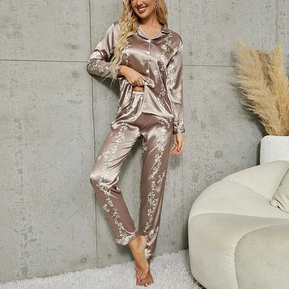 Women’s Satin Pajama Set – Flamingo Print 2-Piece Sleepwear, Autumn Lapel Collar Button-Up Top & Pants for Home