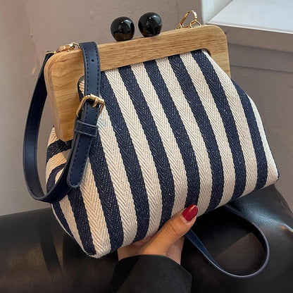 New Elegant Striped Black Bead Buckle Handbag