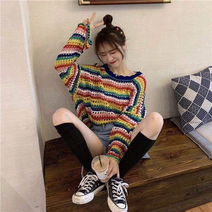 Women Rainbow Colorful Stripe Sweaters