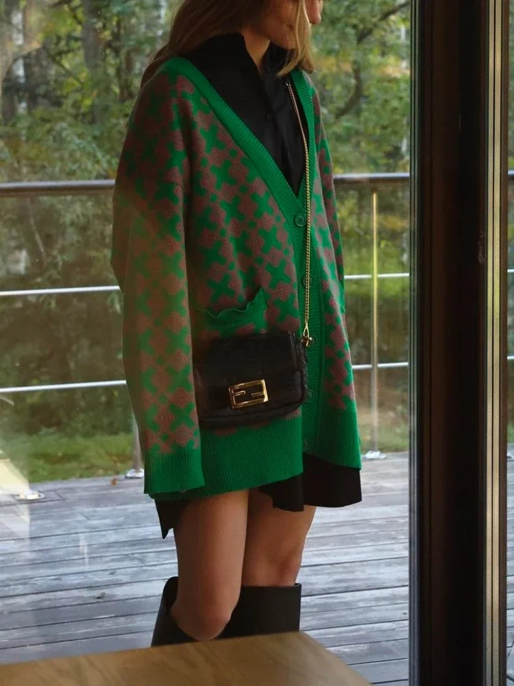 Geometric Jacquard V-Neck Knit Cardigan – Oversized 2025 Autumn/Winter