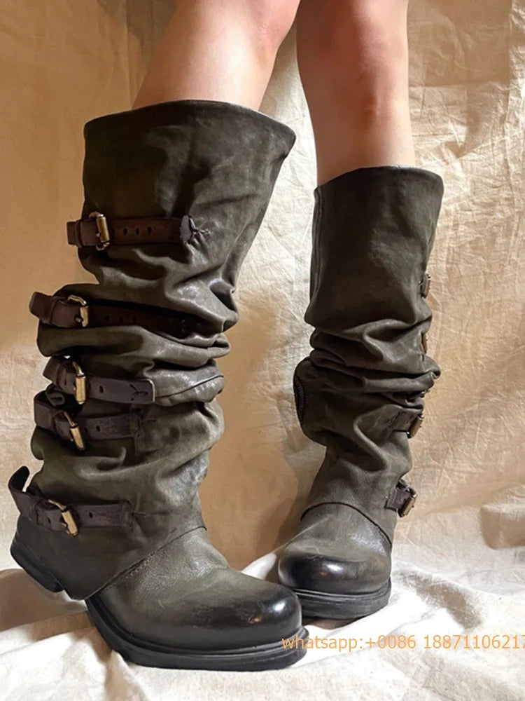 Womens Large Mid Length Retro Boots Buckle Casual Knight Boots For Autumn Winter 2025
