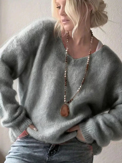 2025 Women S Solid Color Long Sleeved V Neck Cotton Linen Loose Top Fashionable Casual Sweater