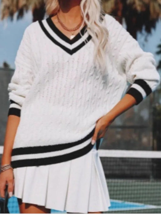 Autumn Winter V Neck Pullover Striped Sweater For Women Loose Comfortable Color Blocking Casual Trendy Knitted Tops