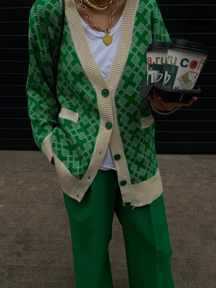 Geometric Jacquard V-Neck Knit Cardigan – Oversized 2025 Autumn/Winter