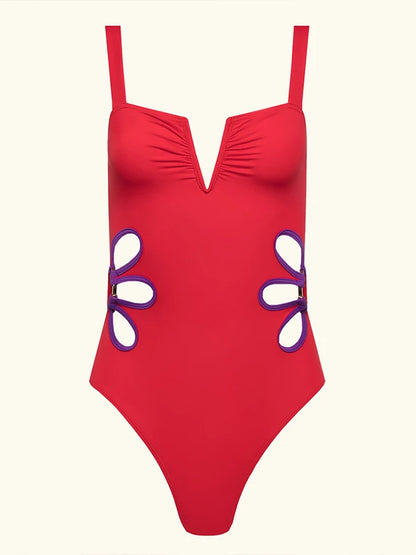 Solid Color One-Piece Swimsuit with Floral Design: Stylish Women's Swimwear