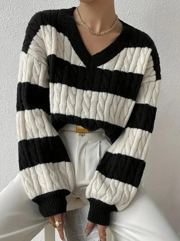 2025 Womens Stripe Knitted Sweater Long Sleeve V Neck Cropped Top Loose Fit Spring Versatile Warm Knit