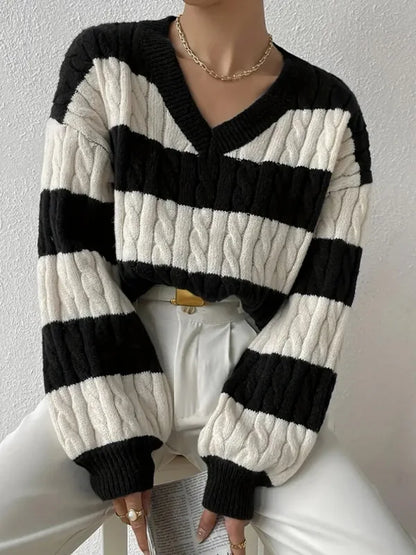 2025 Womens Stripe Knitted Sweater Long Sleeve V Neck Cropped Top Loose Fit Spring Versatile Warm Knit