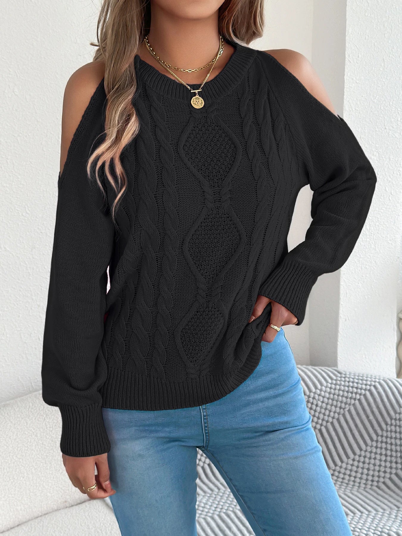 Womens Lantern Sleeve Open Shoulder Sweaters