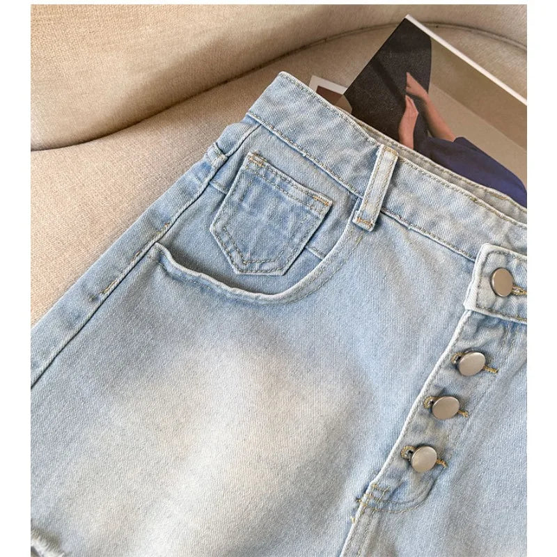 Effortless Summer Styling: Distressed High-Waist Button-Fly Denim Shorts