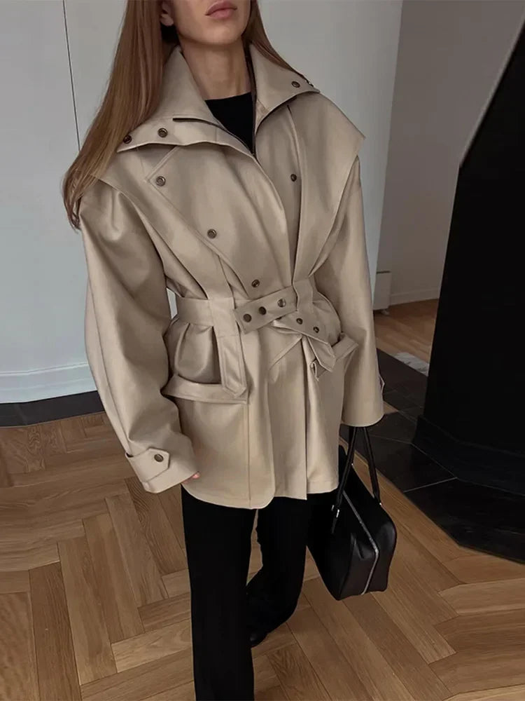 Cotton Khaki Long Turn Down Collar Belted Women Trench Coat