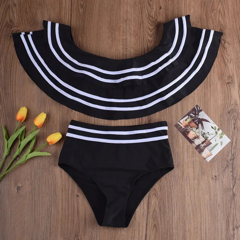 8x Plus Size Women Point Striped High Waist Bikini Sets